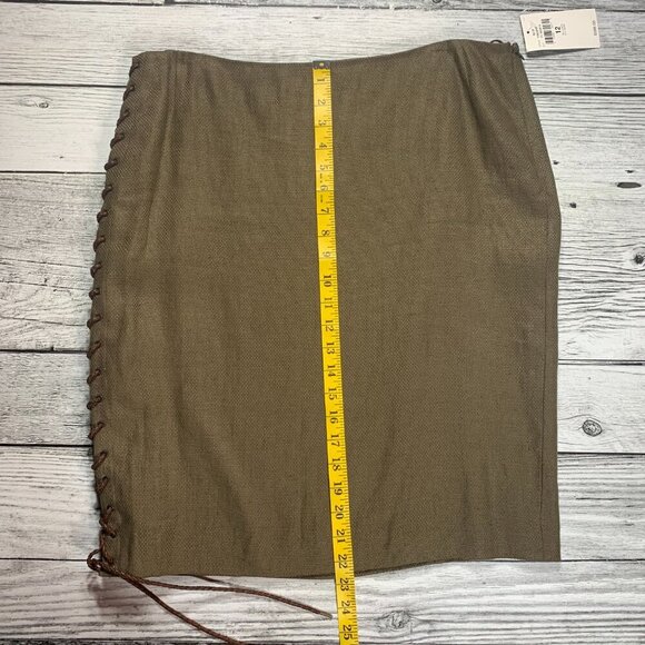 Ralph Lauren Black Label Linen Hemp Olive Green Leather Lace Up Pencil Skirt - Picture 12 of 12